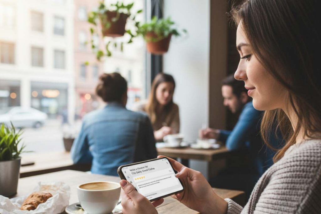 Donna con lo smartphone impegnata in una recensione