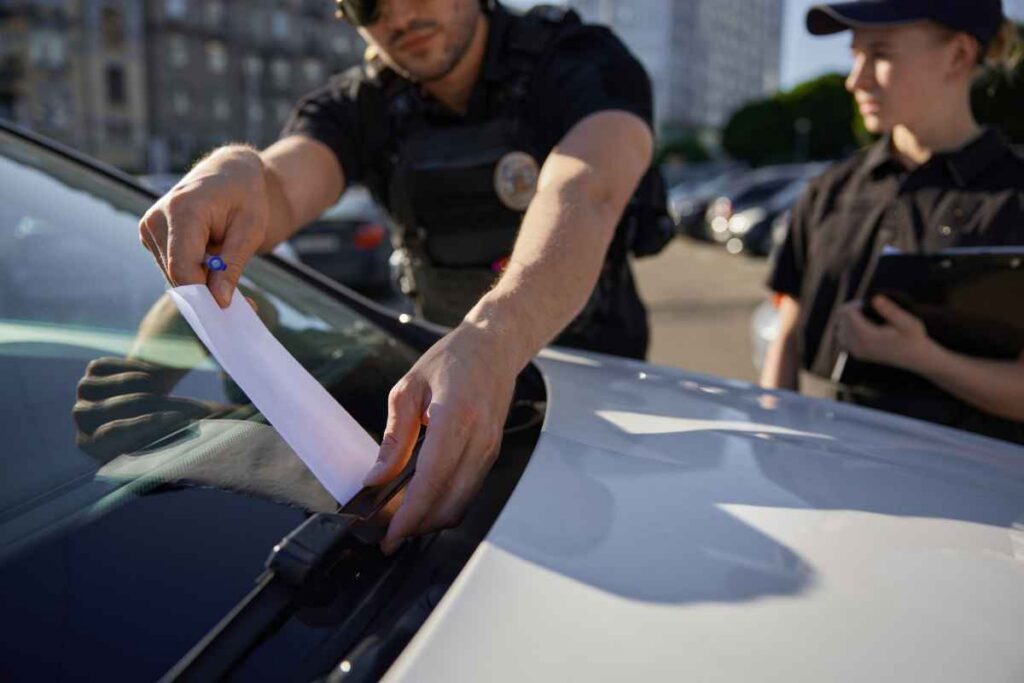 Un poliziotto mette una multa sul parabrezza di un'auto