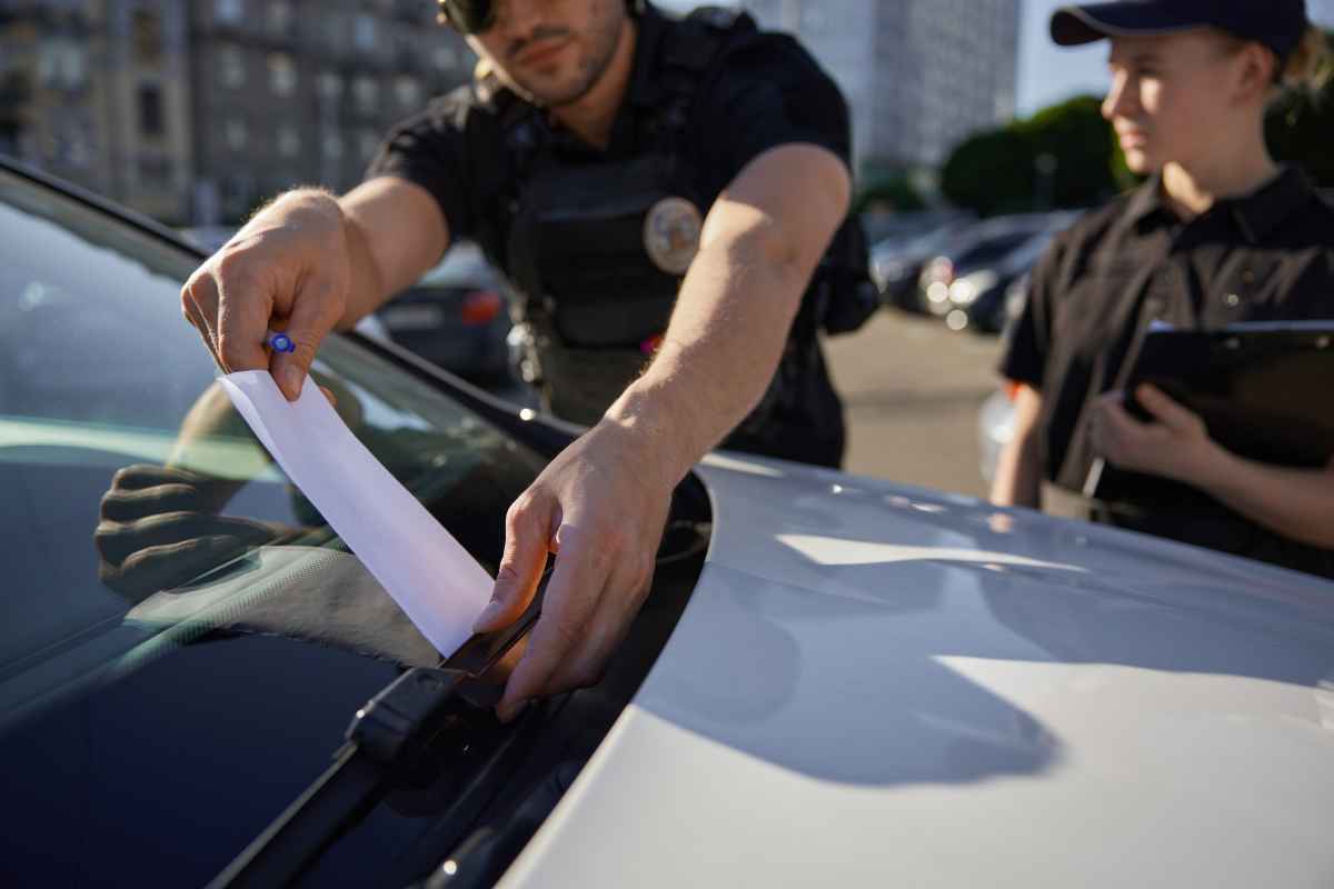 Un poliziotto mette una multa sul parabrezza di un'auto