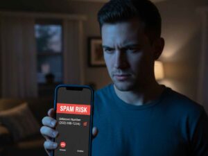Uomo con smartphone mentre riceve una chiamata spam
