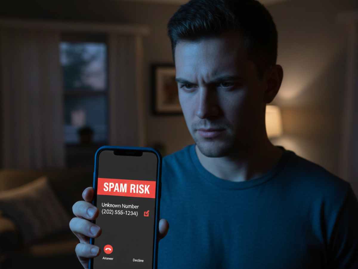 Uomo con smartphone mentre riceve una chiamata spam