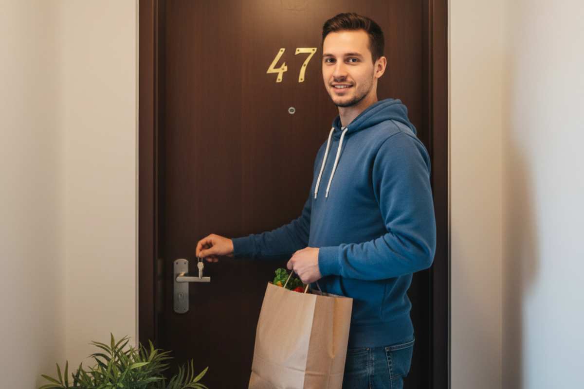 Uomo davanti la porta di casa - immagine generata da IA