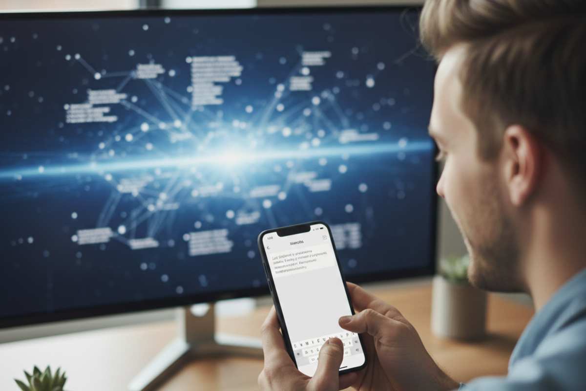 Uomo con il cellulare in mano pubblica sui social un contenuto - foto generata da IA